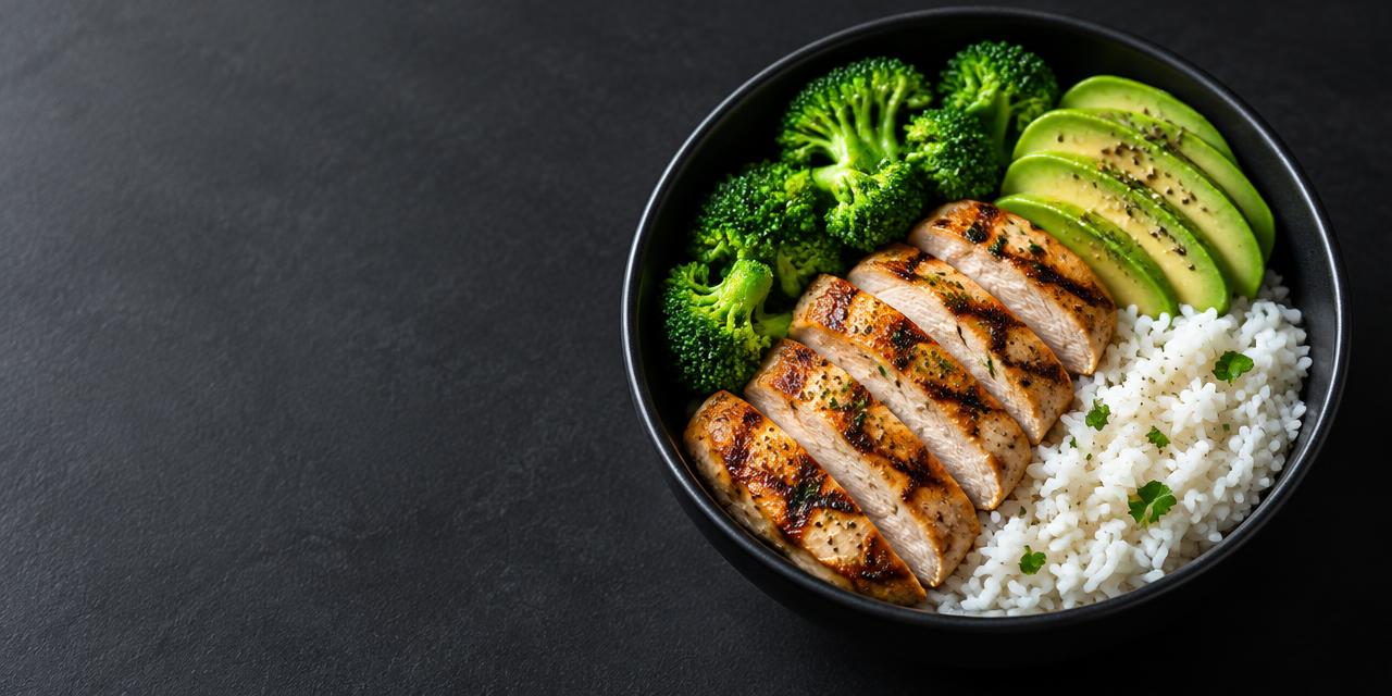 Grilled chicken, rice, broccoli and avocado fuel bowl